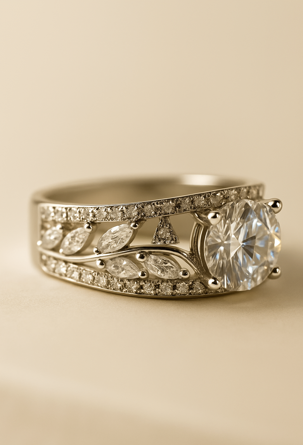 Silver Leaf CZ Diamond Ring